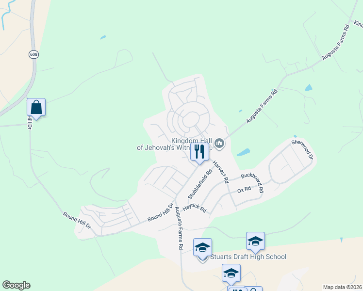 map of restaurants, bars, coffee shops, grocery stores, and more near 4 June Court in Stuarts Draft