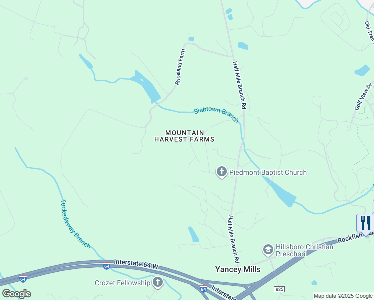 map of restaurants, bars, coffee shops, grocery stores, and more near 6925 Harvest Farms Lane in Crozet