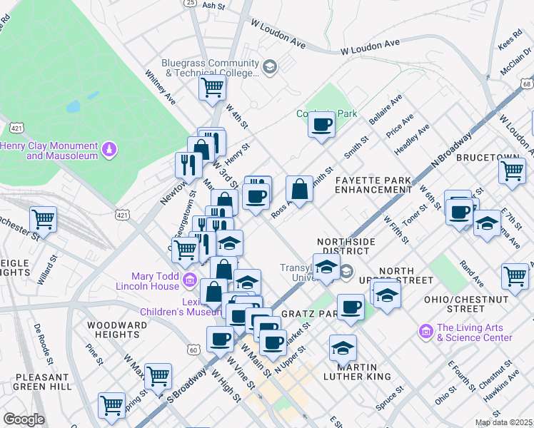 map of restaurants, bars, coffee shops, grocery stores, and more near 489 West 3rd Street in Lexington