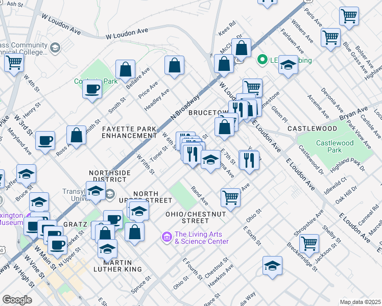 map of restaurants, bars, coffee shops, grocery stores, and more near 632 North Upper Street in Lexington