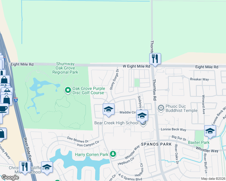 map of restaurants, bars, coffee shops, grocery stores, and more near 10636 Pleasant Valley Circle in Stockton