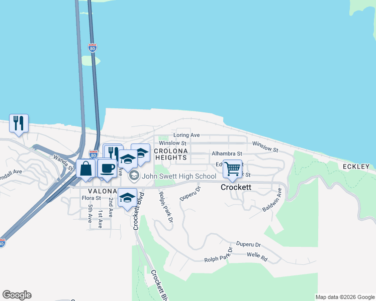 map of restaurants, bars, coffee shops, grocery stores, and more near 434 Bay Street in Crockett