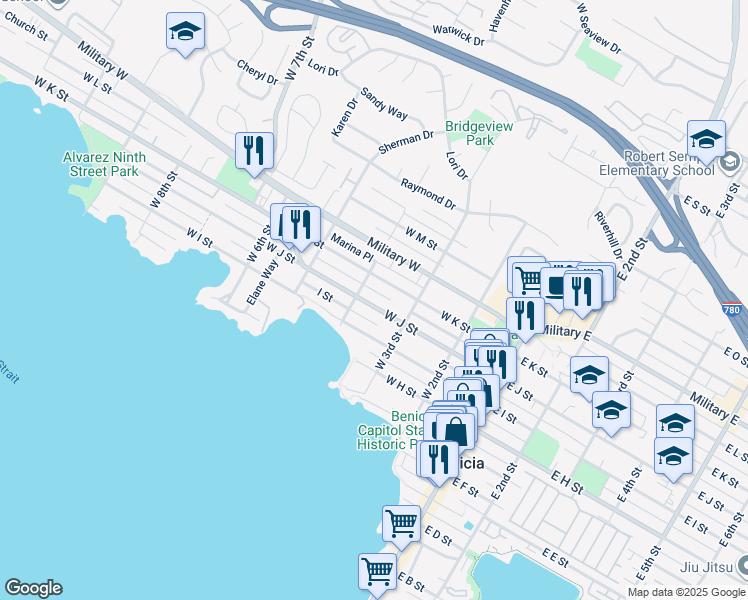 map of restaurants, bars, coffee shops, grocery stores, and more near 340 West K Street in Benicia