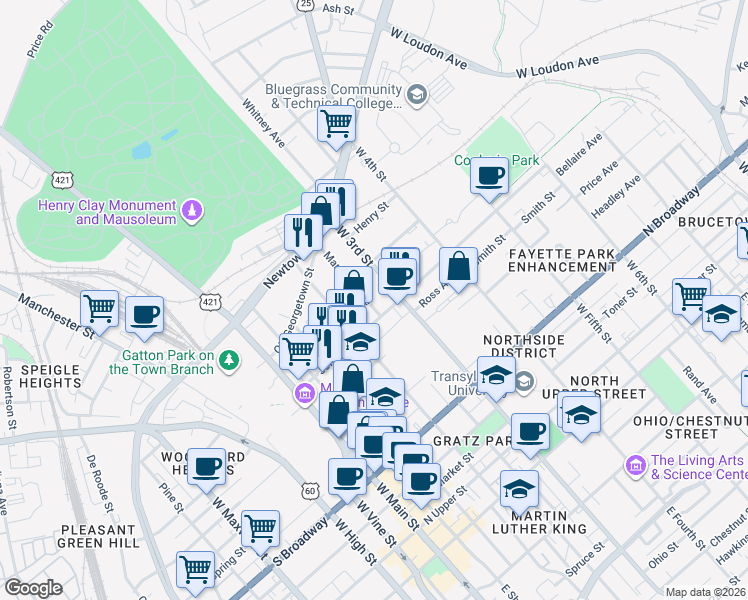 map of restaurants, bars, coffee shops, grocery stores, and more near 509 Maryland Avenue in Lexington
