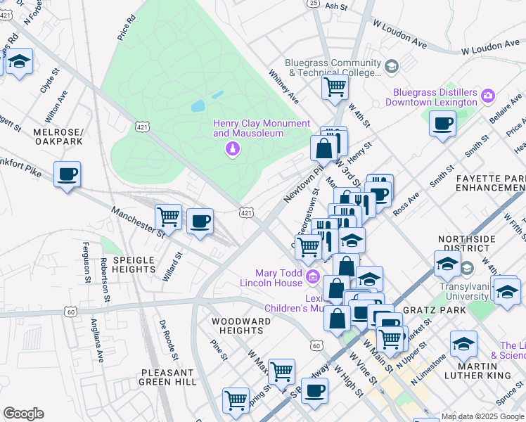 map of restaurants, bars, coffee shops, grocery stores, and more near 771 West Main Street in Lexington