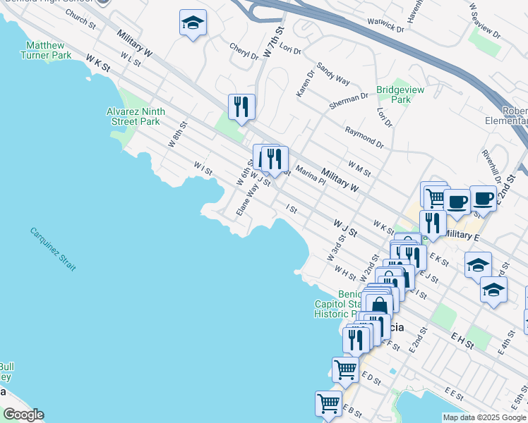 map of restaurants, bars, coffee shops, grocery stores, and more near 510 West I Street in Benicia