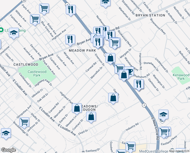 map of restaurants, bars, coffee shops, grocery stores, and more near 1018 Marcellus Drive in Lexington