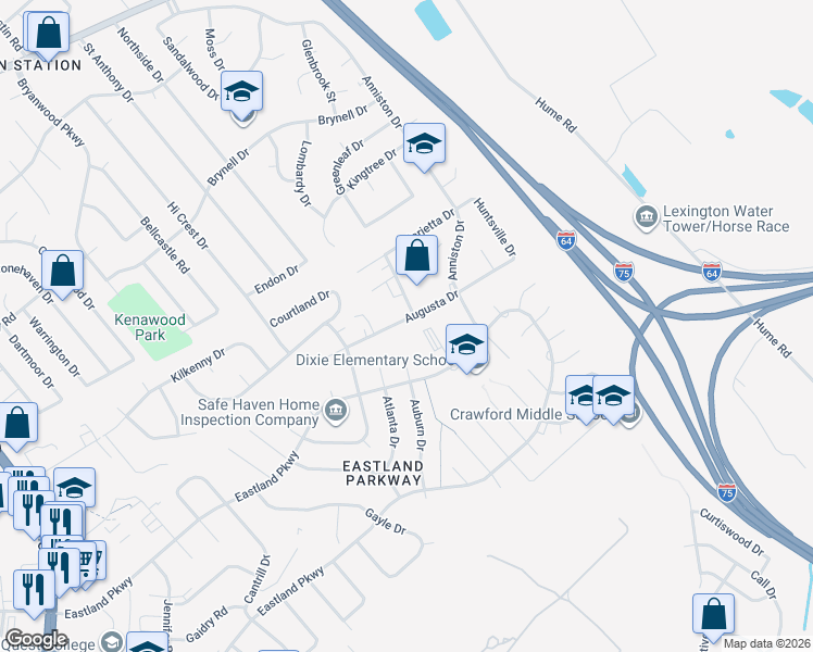 map of restaurants, bars, coffee shops, grocery stores, and more near 1844 Augusta Drive in Lexington