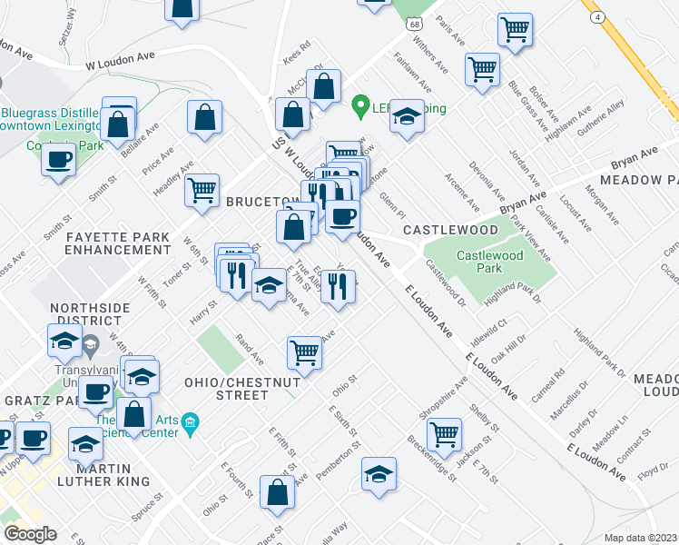 map of restaurants, bars, coffee shops, grocery stores, and more near 156 York Street in Lexington