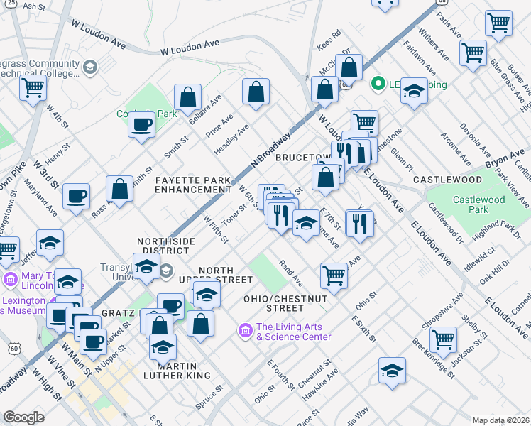 map of restaurants, bars, coffee shops, grocery stores, and more near 601 Elsmere Alley in Lexington