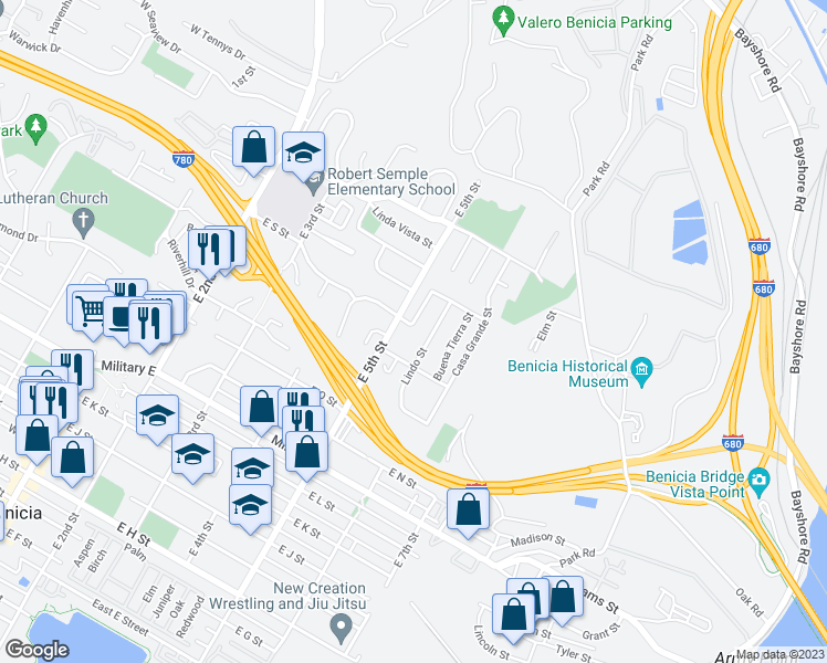 map of restaurants, bars, coffee shops, grocery stores, and more near 504 Viewmont Street in Benicia