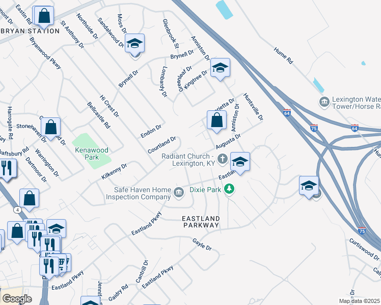 map of restaurants, bars, coffee shops, grocery stores, and more near 1889 Courtland Drive in Lexington