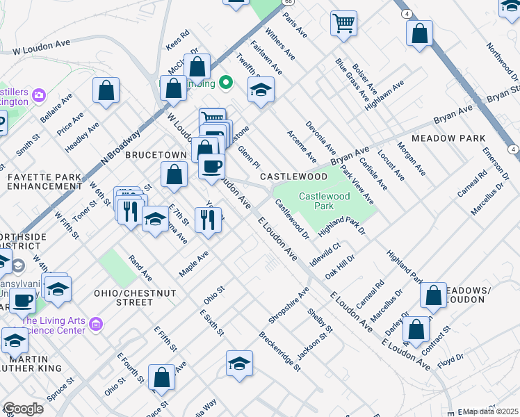 map of restaurants, bars, coffee shops, grocery stores, and more near 201 East Loudon Avenue in Lexington