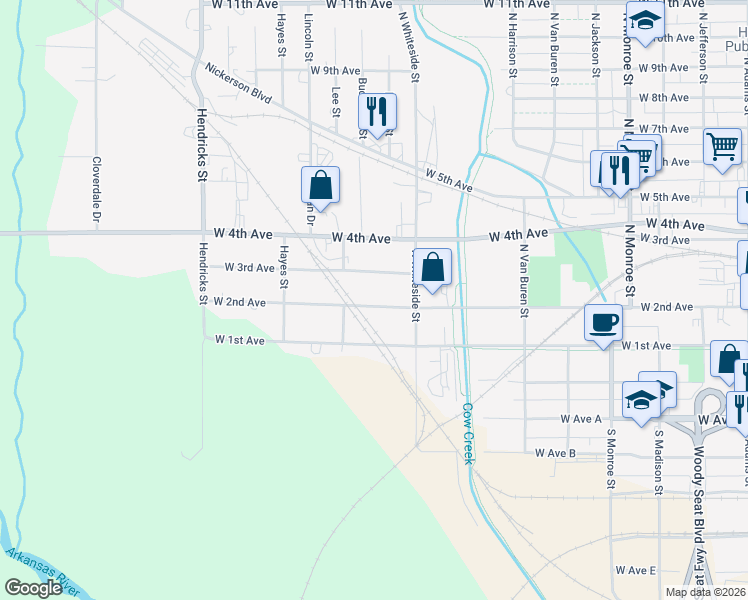 map of restaurants, bars, coffee shops, grocery stores, and more near 922 West 2nd Avenue in Hutchinson