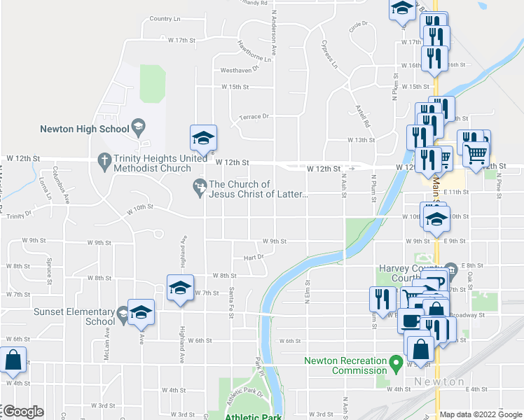 map of restaurants, bars, coffee shops, grocery stores, and more near 612 W 10th St in Newton