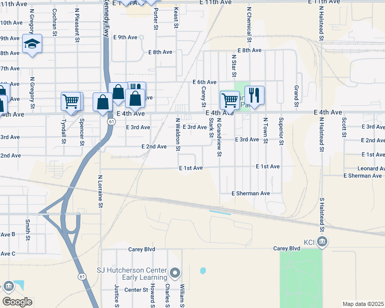 map of restaurants, bars, coffee shops, grocery stores, and more near Baldy Street in Hutchinson