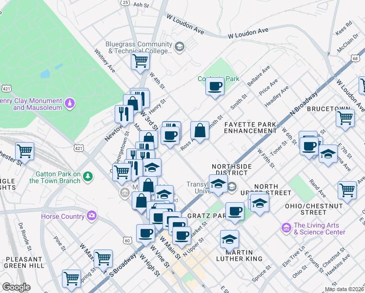 map of restaurants, bars, coffee shops, grocery stores, and more near 489 West 3rd Street in Lexington
