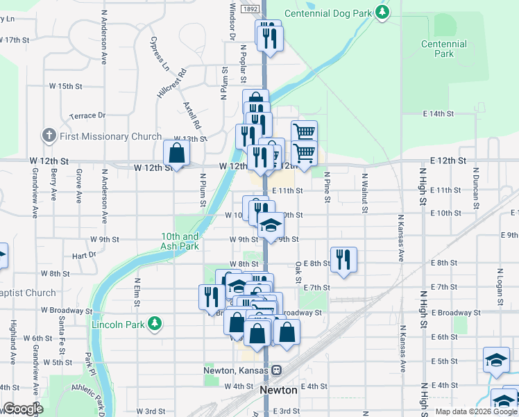 map of restaurants, bars, coffee shops, grocery stores, and more near 1107 North Main Street in Newton