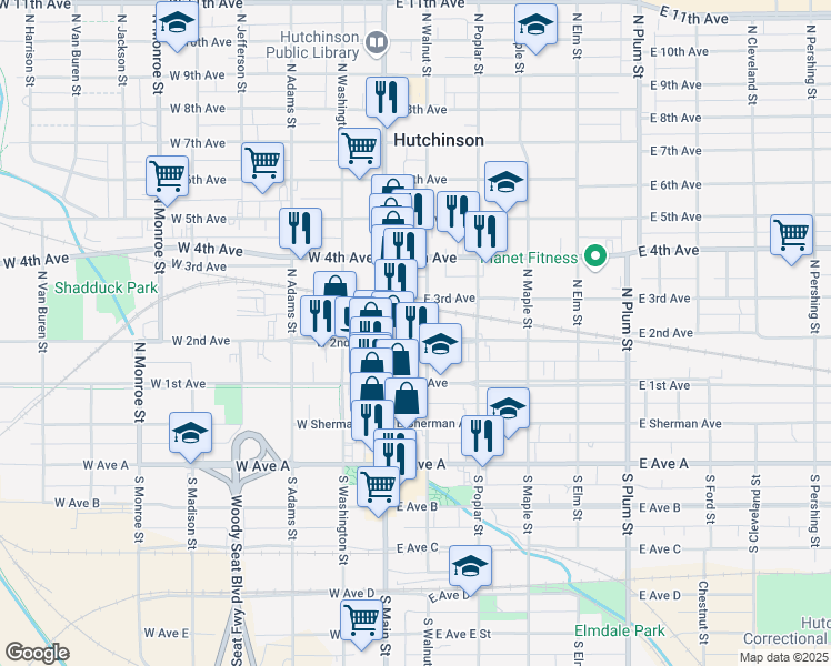 map of restaurants, bars, coffee shops, grocery stores, and more near 22 East 2nd Avenue in Hutchinson