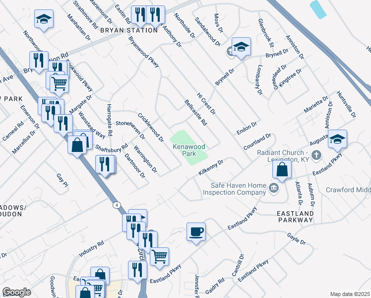 map of restaurants, bars, coffee shops, grocery stores, and more near 612 Bryanwood Parkway in Lexington