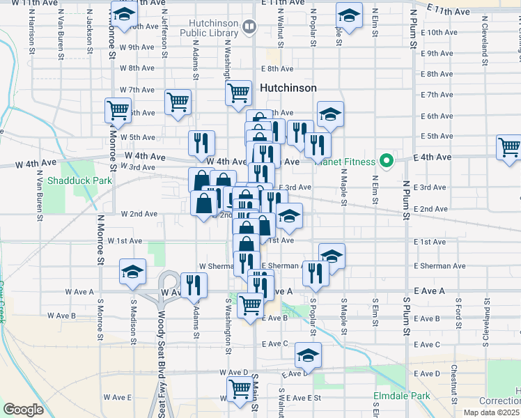 map of restaurants, bars, coffee shops, grocery stores, and more near 210 North Main Street in Hutchinson