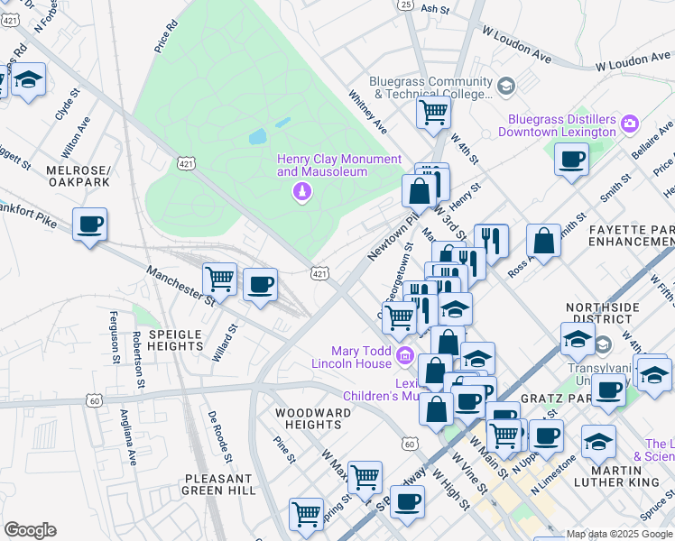 map of restaurants, bars, coffee shops, grocery stores, and more near 771 West Main Street in Lexington