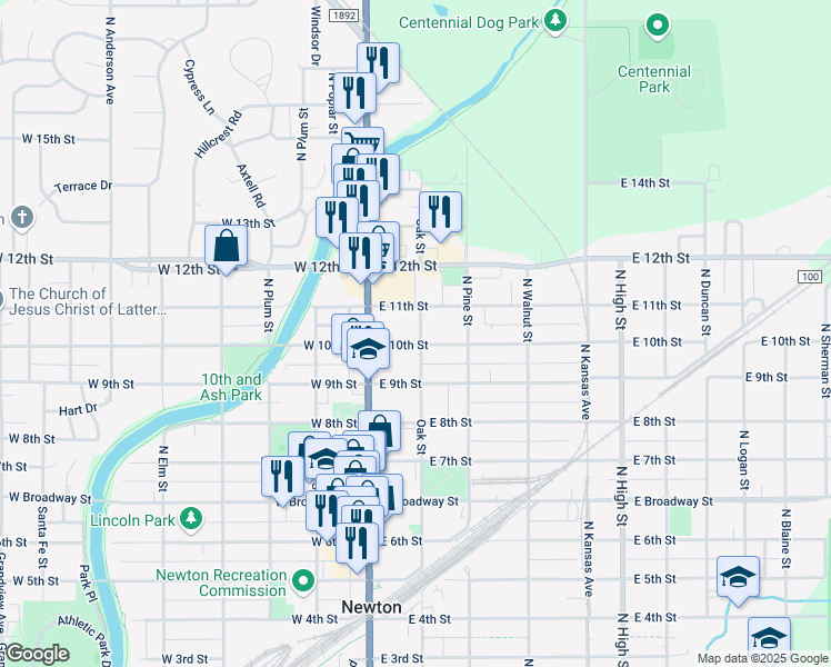 map of restaurants, bars, coffee shops, grocery stores, and more near 122 E 10th St in Newton