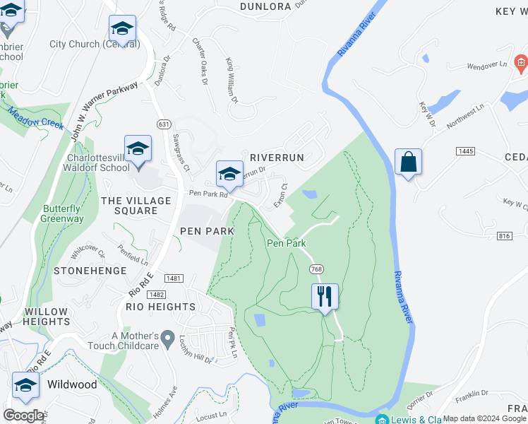 map of restaurants, bars, coffee shops, grocery stores, and more near 705 Exton Court in Charlottesville