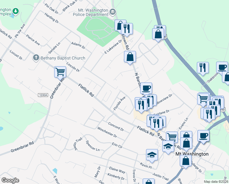 map of restaurants, bars, coffee shops, grocery stores, and more near 233 Hare Lane in Mount Washington