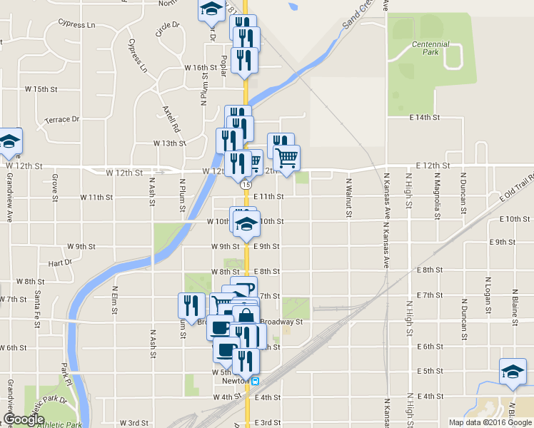 map of restaurants, bars, coffee shops, grocery stores, and more near 122 East 10th Street in Newton