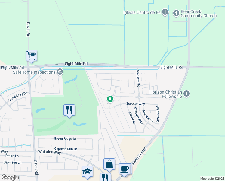 map of restaurants, bars, coffee shops, grocery stores, and more near 10714 Montrouge Way in Stockton