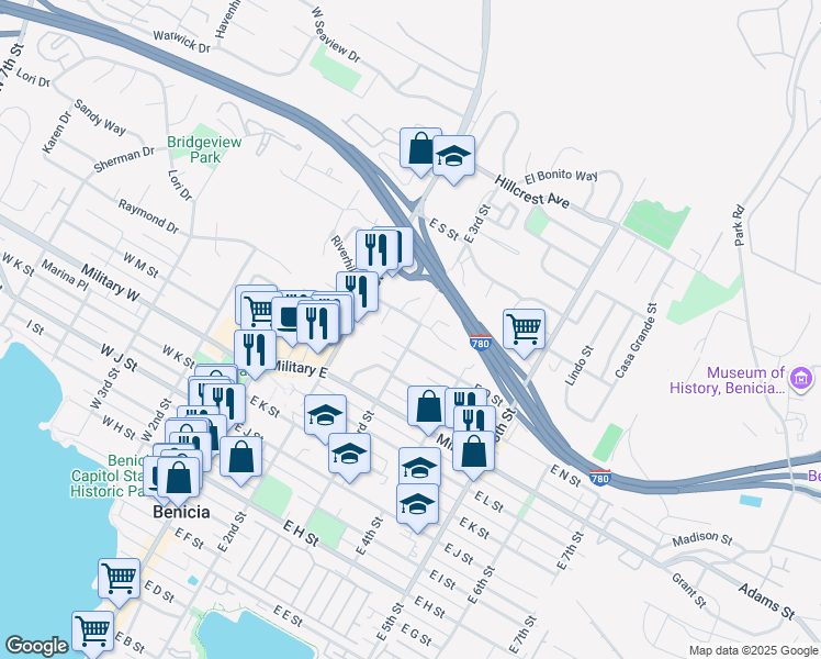 map of restaurants, bars, coffee shops, grocery stores, and more near 1525 East 3rd Street in Benicia