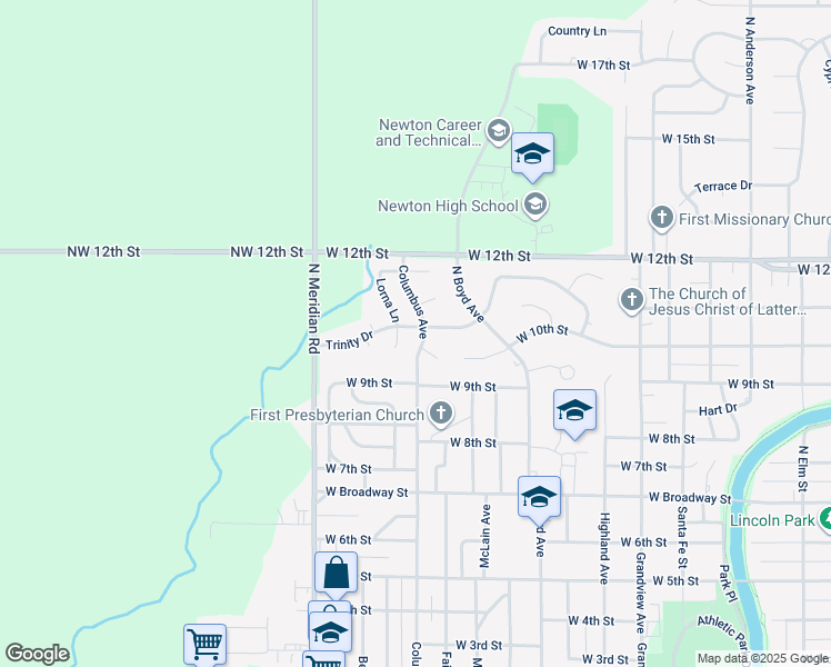 map of restaurants, bars, coffee shops, grocery stores, and more near 1101 Trinity Drive in Newton