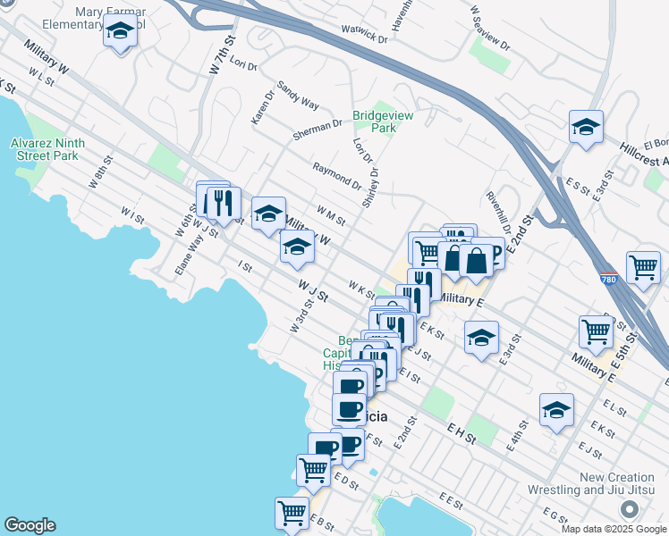 map of restaurants, bars, coffee shops, grocery stores, and more near 1110 West 3rd Street in Benicia