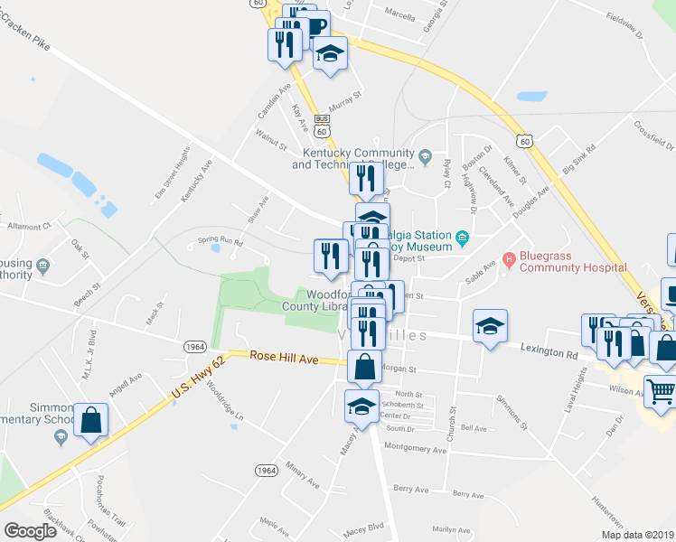 map of restaurants, bars, coffee shops, grocery stores, and more near 102 Park Street in Versailles