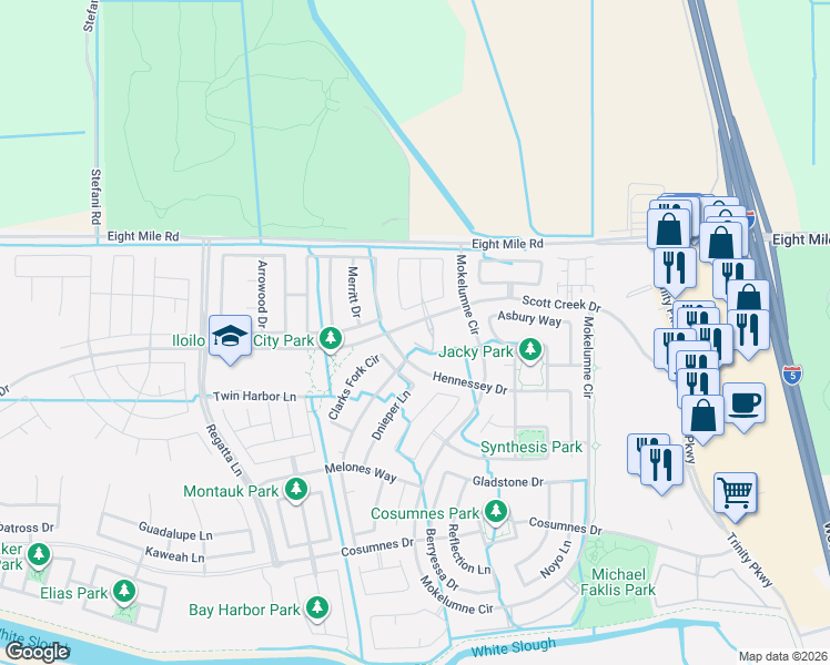 map of restaurants, bars, coffee shops, grocery stores, and more near 5713 Miramonte Way in Stockton