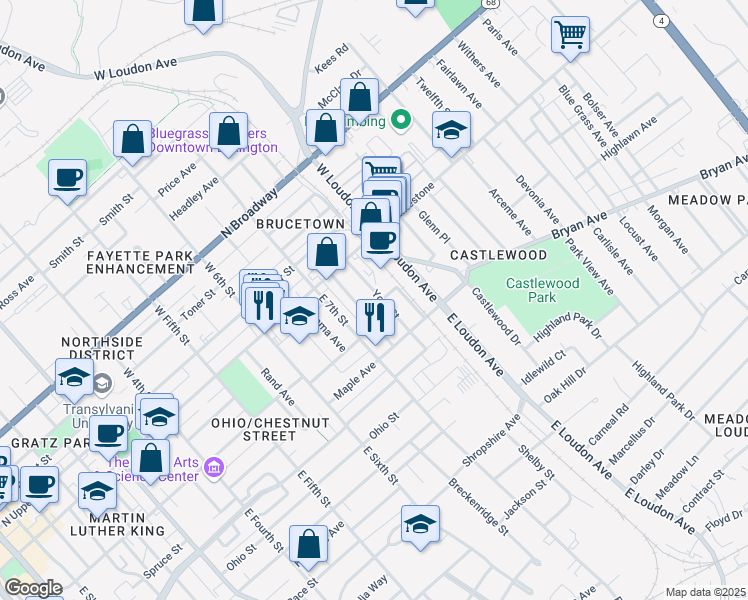 map of restaurants, bars, coffee shops, grocery stores, and more near 156 York Street in Lexington