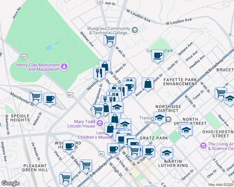 map of restaurants, bars, coffee shops, grocery stores, and more near 516 Maryland Avenue in Lexington
