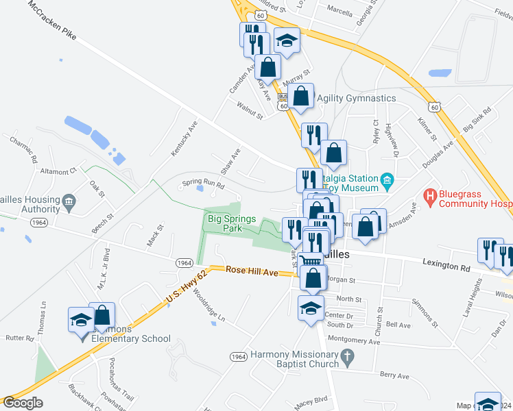 map of restaurants, bars, coffee shops, grocery stores, and more near 135 Spring Run Street in Versailles
