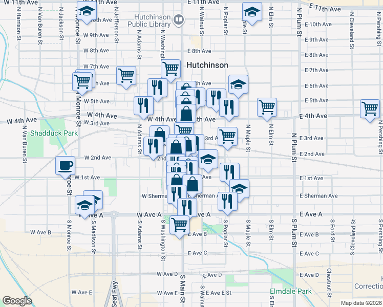 map of restaurants, bars, coffee shops, grocery stores, and more near in Hutchinson