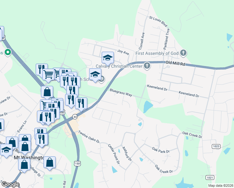 map of restaurants, bars, coffee shops, grocery stores, and more near 175 Bluegrass Way in Mount Washington