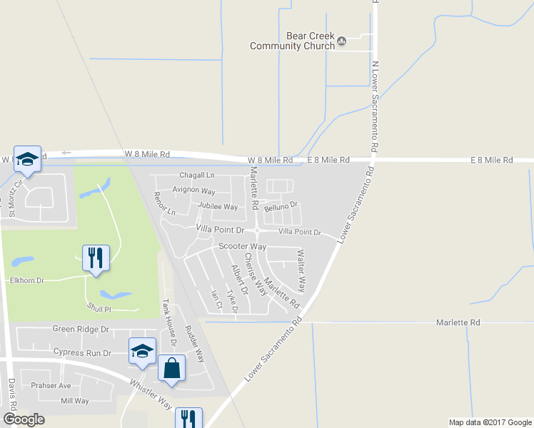 map of restaurants, bars, coffee shops, grocery stores, and more near 10734 Martini Drive in Stockton