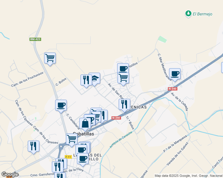 map of restaurants, bars, coffee shops, grocery stores, and more near 55 Avenida de San Roque in Cobatillas