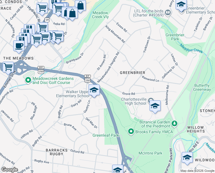 map of restaurants, bars, coffee shops, grocery stores, and more near 1608 Grove Road in Charlottesville