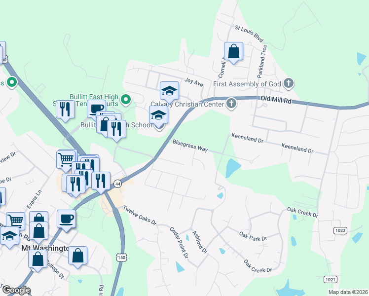 map of restaurants, bars, coffee shops, grocery stores, and more near 175 Bluegrass Way in Mount Washington