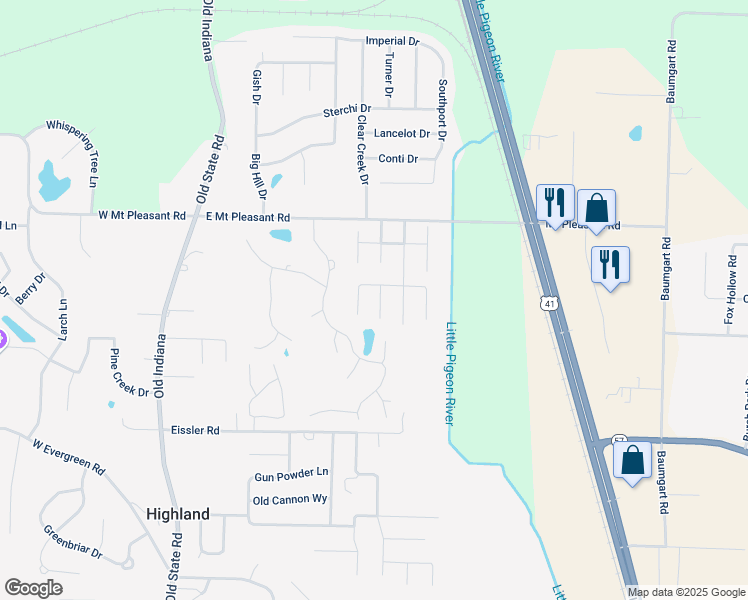 map of restaurants, bars, coffee shops, grocery stores, and more near 8403 Copperfield Drive in Evansville