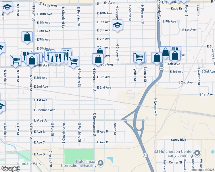 map of restaurants, bars, coffee shops, grocery stores, and more near 928 East 2nd Avenue in Hutchinson