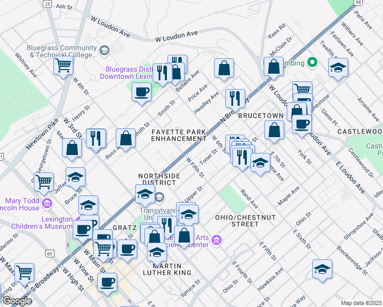 map of restaurants, bars, coffee shops, grocery stores, and more near 510 North Broadway in Lexington