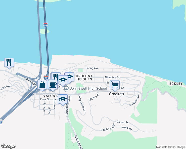 map of restaurants, bars, coffee shops, grocery stores, and more near 414 Bay Street in Crockett