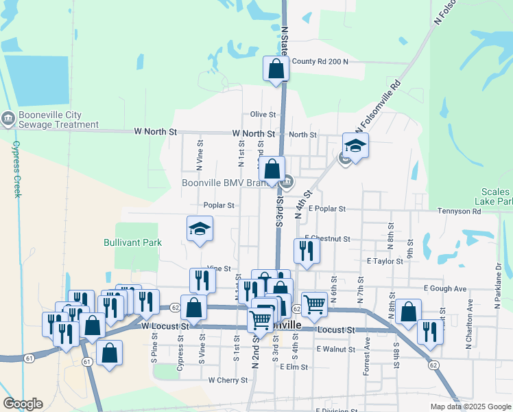 map of restaurants, bars, coffee shops, grocery stores, and more near 622 North 2nd Street in Boonville